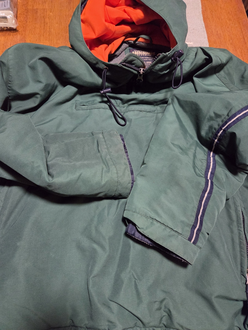 Abercrombie & Fitch Green Hooded Anorak Jacket with Orange Lining Hole In Armpit